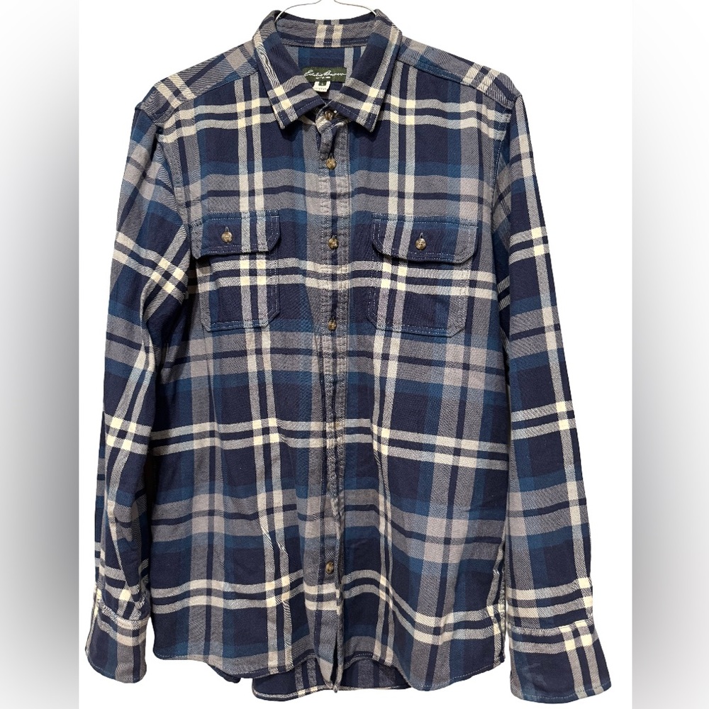 Eddie Bauer Men's Large Blue White Plaid Flannel Shirt Lightweight, Long Sleeve - Picture 2 of 7